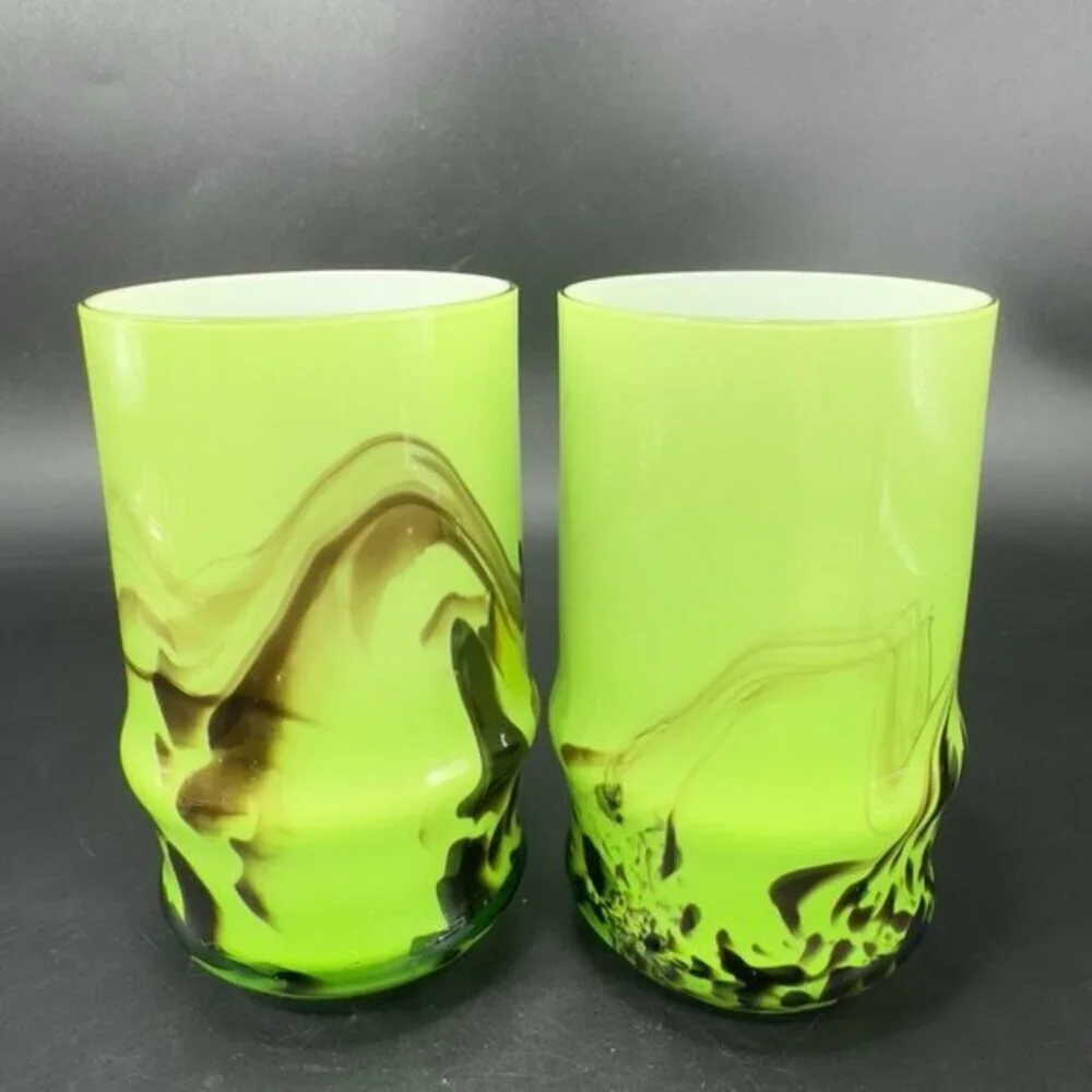 Vintage Bohemian Tumbler Glasses Set 2 Cases Green Black Swirls Glasses Cups VTG